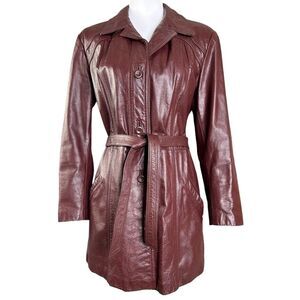 Vintage 70s  Leather Jacket L Burgundy Button Belted Classic Directions Coat